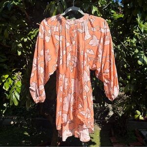 NWT HOLIDAY orange floral print puff long sleeve hi lo shirt blouse